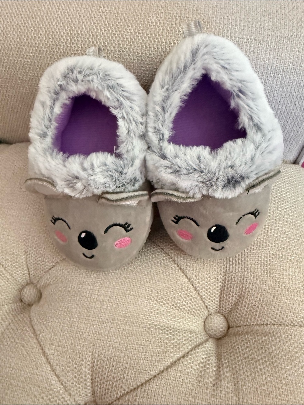 Cozy Gray Animal Face Koala Slippers with Purple Lining